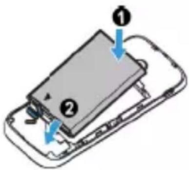 Diagram showing a device being inserted into a housing, labeled with numbered components and blue arrows indicating direction.