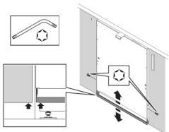 Diagram illustrating a door hinge mechanism with labeled components and directional arrows indicating movement or assembly.
