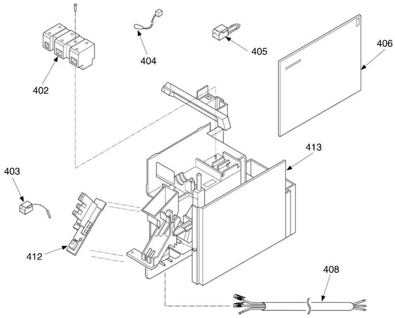 Technical diagram of an electrical device assembly with labeled components and numbered parts