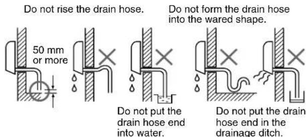 Do not rise the drain hose. 50 mm or more Do not form the drain hose into the wared shape. Do not put the drain hose end into water. Do not put the drain hose end in the drainage ditch.