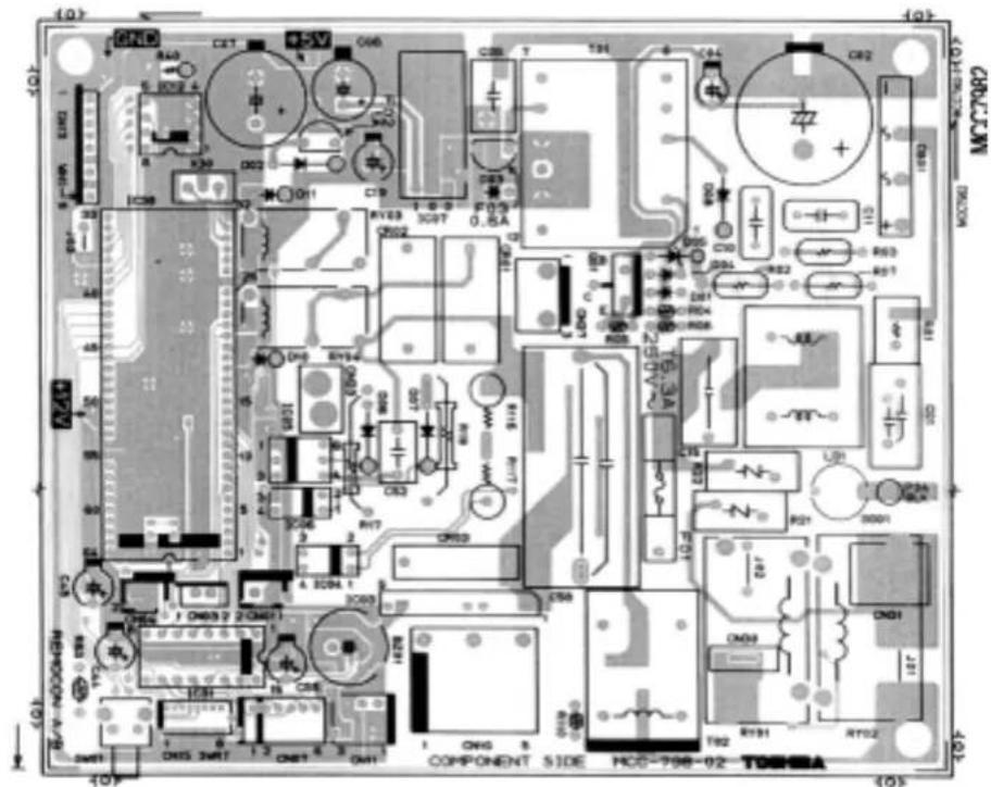 Circuit board layout diagram with component labels and pin connections