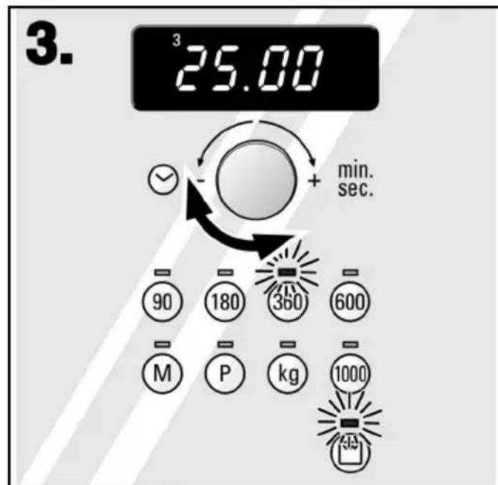3. 25.00 min. sec. 90 180 360 600 M P kg 1000
