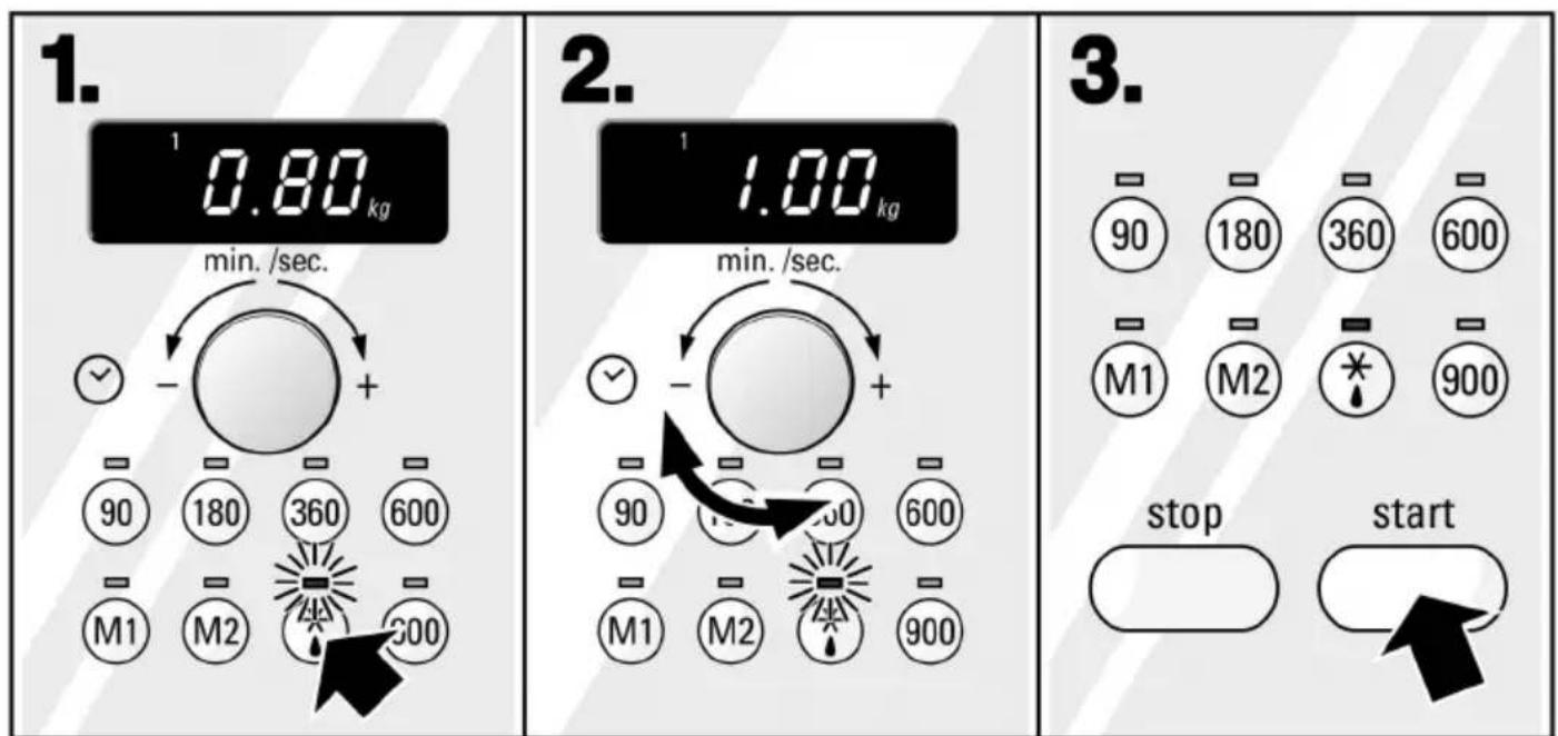 1. 1 0.80 kg min./sec. + 90 180 360 600 M1 M2 300 2. 1 1.00 kg min./sec. + 90 180 360 600 M1 M2 300 900 stop start