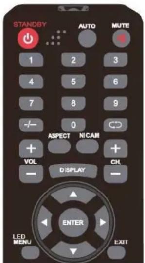 STANDBY AUTO MUTE 1 2 3 4 5 6 7 8 9 -/- 0 ASPECT NICAM + VOL + DISPLAY CHL - - ENTER LED MENU EXIT