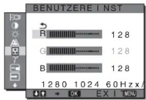 BENUTZEREINSTELLUNGEN R 128 G 128 B 128 1 280 1024 60 Hz x / OK EXIT
