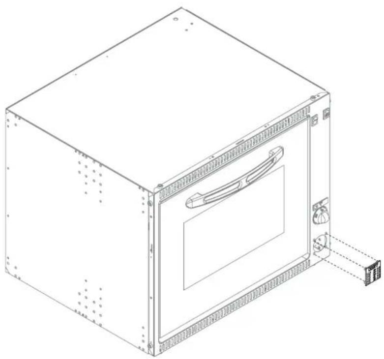 Technical line drawing of a rectangular electronic device with internal components and mounting bracket (no text or symbols)