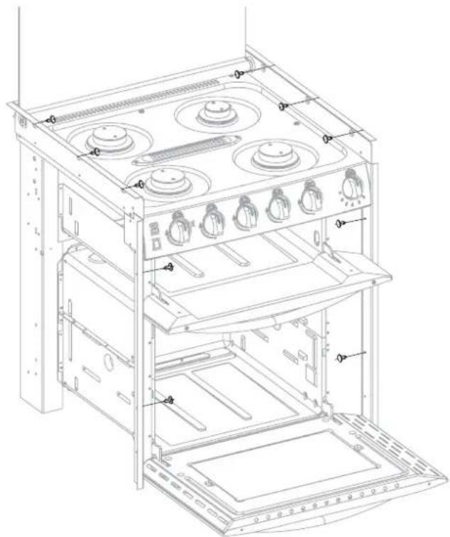 Technical line drawing of an oven with multiple gas outlets and control knobs (no text or labels)