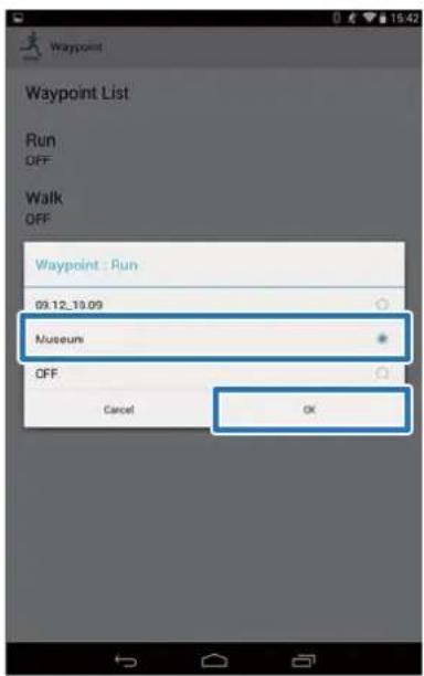 Waypoint. Waypoint List. Run: OFF. Walk: OFF. Waypoint: Run. 09.12_10.09. Museums. OFF. Cancel. OK.