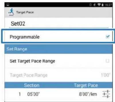 Target Pace Set02 Programmable Set Range Set Target Pace Range Target Pace Range 1'00" Section Target Pace 1 05'00" 8'00"/km