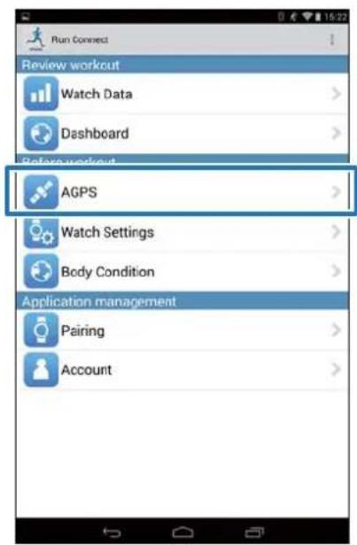 Run Connect Review workout Watch Data Dashboard Before workout AGPS Watch Settings Body Condition Application management Pairing Account