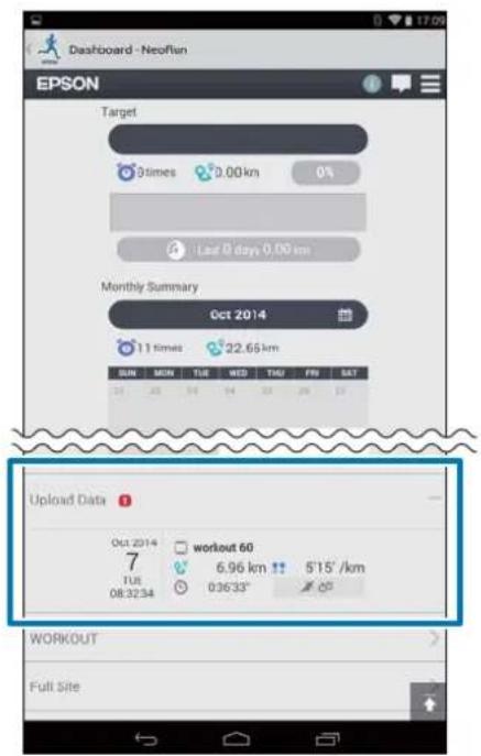 Dashboard - Neoflun EPSON Target 0 times 0.00 km 0% Last 8 days 0.00 km Monthly Summary Oct 2014 11 times 22.65 km SUN MON TUE WED THU FRI SAT Upload Data Oct 2014 workout 60 7 6.96 km 5'15" /km TUE 03633" 08:32:34