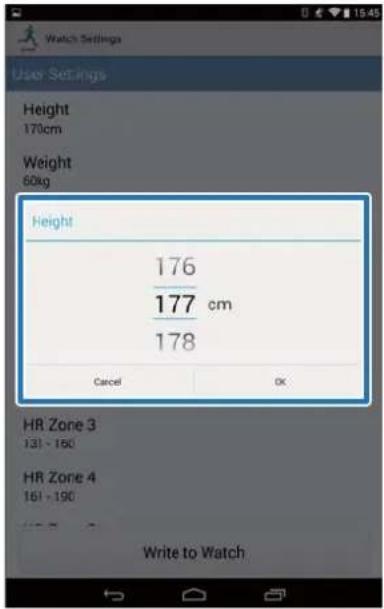 Watch Settings User Settings Height 170cm Weight 60kg Height 176 177 cm 178 Cancel OK HR Zone 3 131 - 150 HR Zone 4 161 - 190 Write to Watch