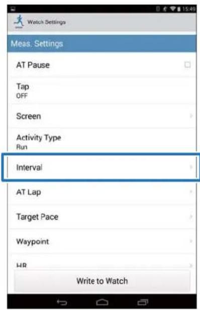 Watch Settings Meas. Settings AT Pause Tap OFF Screen Activity Type Run Interval AT Lap Target Pace Waypoint HR Write to Watch