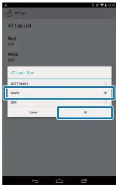 AT Lap AT Lap List Run OFF Walk OFF AT Lap : Run SETTING001 Set02 OFF Cancel OK