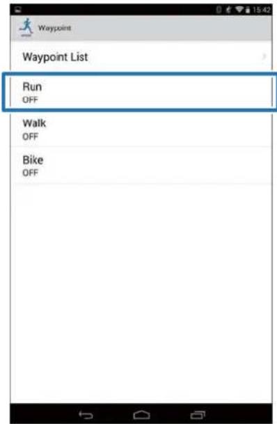 Waypoint. Waypoint List. Run: OFF. Walk: OFF. Bike: OFF.
