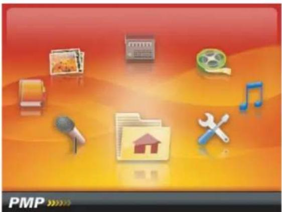 Software icons including a microphone, music note, film reel, and PMP (no text or symbols on the icons themselves)