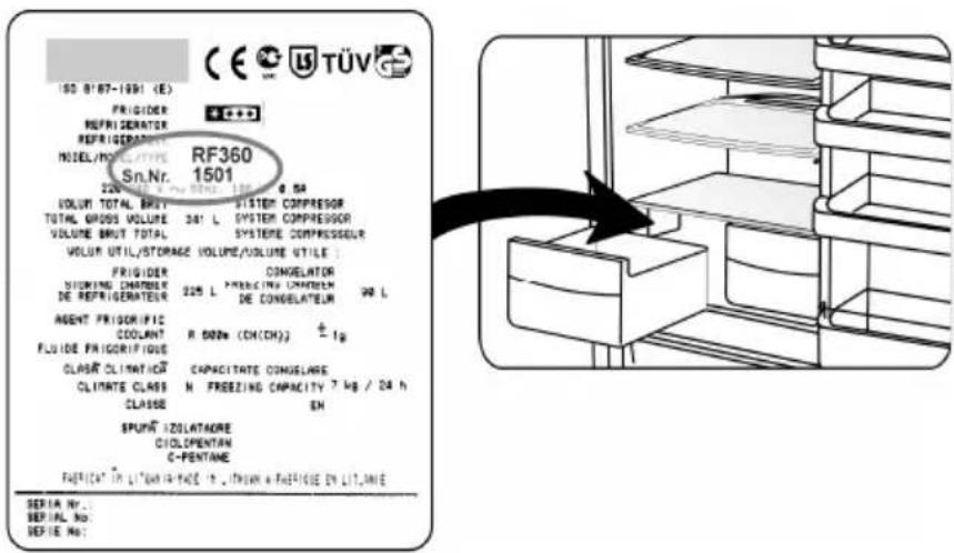 150 B'87-1991 (E) FRIGIDER REFRIS GERAFTER REFRIGERATION MODEL/INOCATIVES RF360 Sn.Nr. 1501 225 L. (2000) (1800) (8.54) VOLUME TOTAL BRUT SYSTEM COMPRESSOR TOTAL GROSS VOLUME 301 L SYSTEM COMPRESSOR VOLUME BRUT TOTAL SYSTEME COMPRESSOR VOLUME UTIL/STORAGE VOLUME/VOLUME UTILE : FRIGIDER CONGELATOR DIAMING CHARTER 225 L FREEBING CHARTER 300 L DE REFRIGERATEUR DE CONGELATEUR AGENT FRIGORIFIC COOLANT R 500m (CH(CH3)) ±1g FLUIDE FRIGORIFIOUS CLASSE CLIMATE CAPACITATE CONGULARE CLIMATE CLASS H FREEZING CAPACITY 7 kg / 24 h CLASSE EN SPUNT ZOLATAORE COLD PENTAN C-PENTAME FERTICE IN LITERATURE BY LTRANK & FREBICIE EN LITERINE SERIAL No. SERIAL NO. DEFIE No: