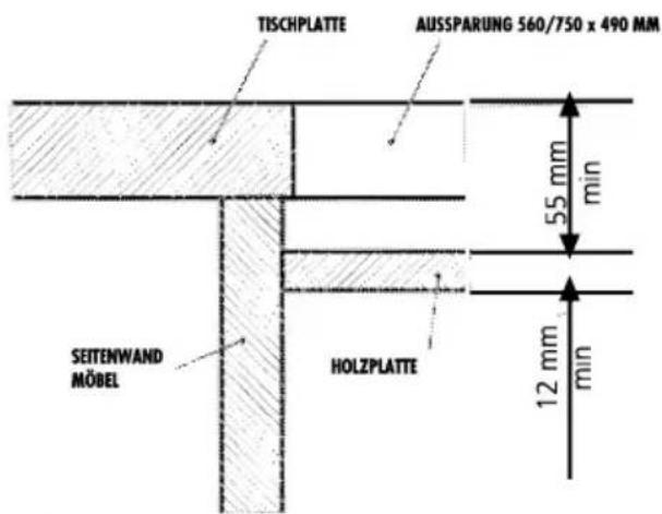 TISCHPLATTE AUSSPARUNG 560/750 x 490 MM 55 mm min SEITENWAND MÖBEL HOLZPLATTE 12 mm min