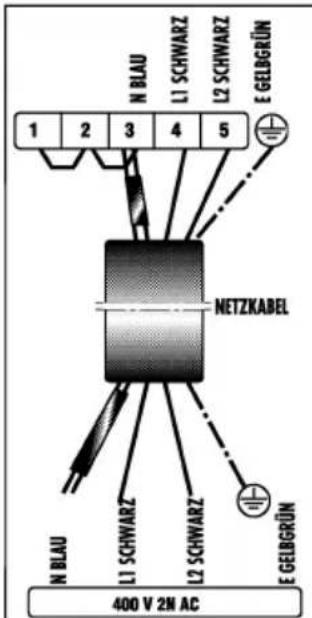 N BLAU L1 SCHWARZ L2 SCHWARZ E GELBGRÜN 1 2 3 4 5 NETZKABEL N BLAU L1 SCHWARZ L2 SCHWARZ E GELBGRÜN 400 V 2N AC