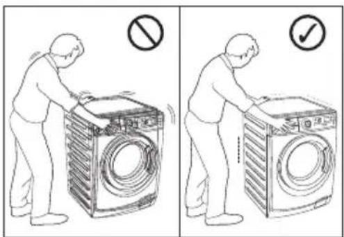 Illustration showing a person washing a washing machine with a prohibition symbol and a checkmark indicating inspection.