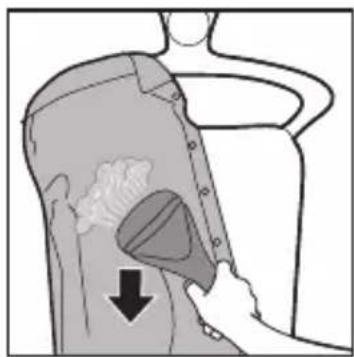 Illustration of a hand inserting a granular substance into a container with a downward arrow (no text or symbols)