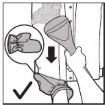 Medical illustration showing a hand holding a device with a magnified view of a liver and a checkmark indicating a procedure.