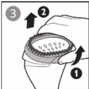 Diagram showing a hand holding a circular object with numbered arrows indicating steps 1, 2, and 3.
