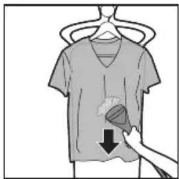 Illustration of a person using a handheld device to clean a shirt (no text or symbols present)