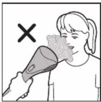 Illustration showing a person using a hairdryer with a cross symbol indicating rejection or absence of hair.