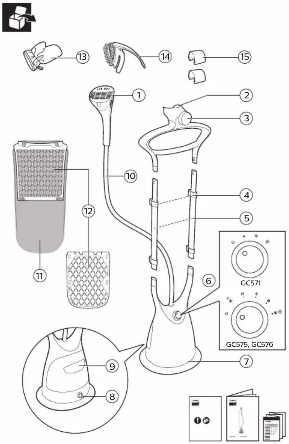 Labeled diagram of a hair dryer with numbered parts and corresponding control panel labels