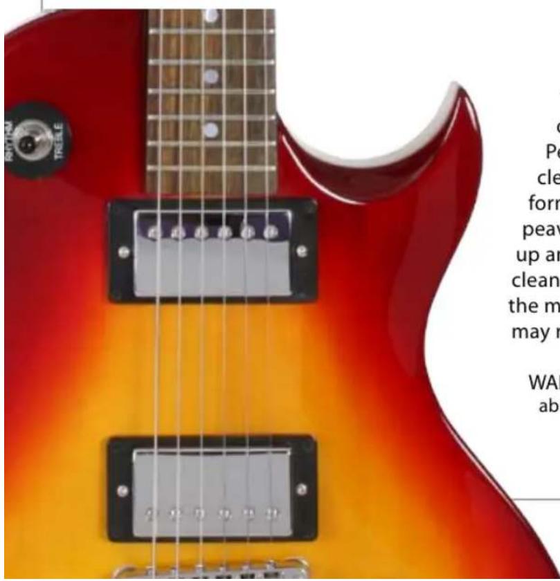 Close-up of a red electric guitar with visible grille and control buttons, accompanied by partial text describing its design.
