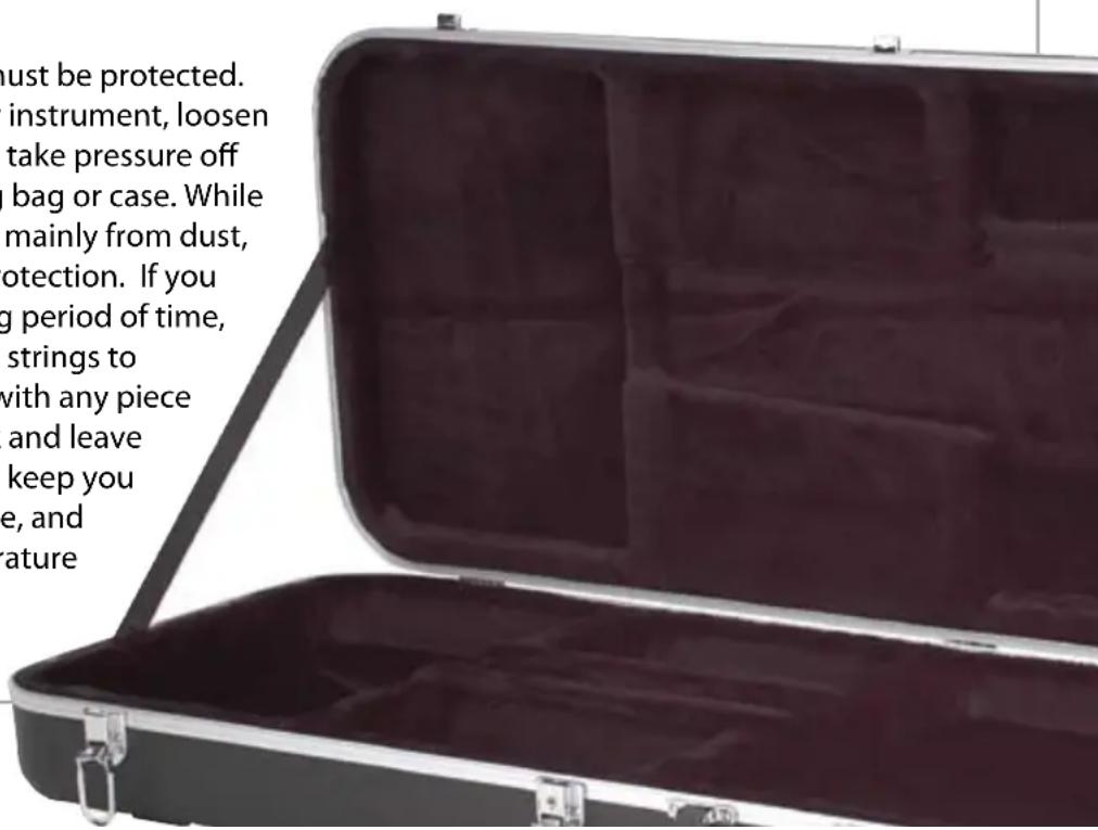 must be protected. instrument, loosen take pressure off bag or case. While mainly from dust, tection. If you g period of time, strings to with any piece and leave keep you e, and ature