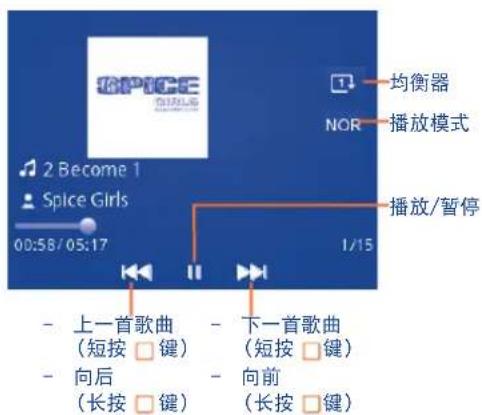 SPICE 2 Become 1 Spice Girls 00:58/05:17 均衡器 NOR 播放模式 播放/暂停 上一首歌曲 (短按 □ 键) 下一首歌曲 (短按 □ 键) 向后 (长按 □ 键) 向前 (长按 □ 键)