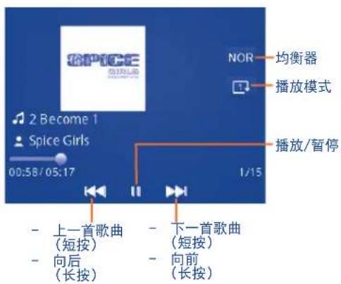 SPAPICE NOR 均衡器 播放模式 2 Become 1 Spice Girls 00:58/05:17 播放/暂停 1/15 上一首歌曲 (短按) 下一首歌曲 (短按) 向后 (长按) 向前 (长按)