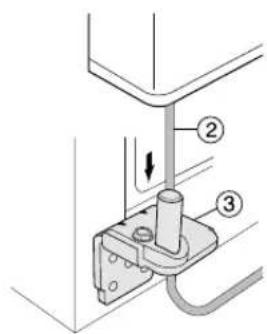 Technical diagram showing a mechanical assembly with numbered components and directional arrow indicating motion