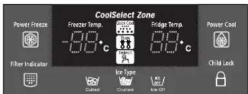 CoolSelect Zone Power Freeze Freezer Temp. Fridge Temp. Power Cool Filter Indicator Ice Type Child Lock Cuboid Cucumber Kil Kilt Raw Off