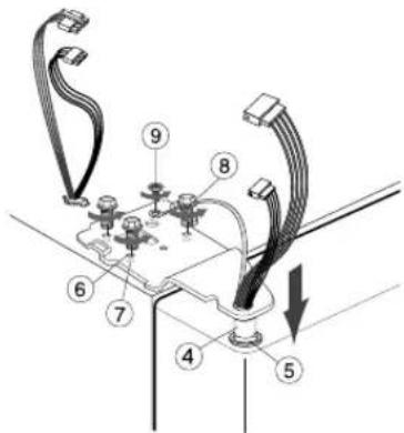 Diagram of a mechanical or electrical component with numbered parts and labeled connections, including a downward arrow indicating direction.