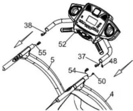 Technical diagram of a mechanical device with numbered components and directional arrows indicating assembly or movement.