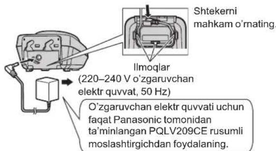 Shtekerni mahkam o'mating. Ilmoqlar (220-240 V o'zgaruvchan elektr quvvat, 50 Hz) O'zgaruvchan elektr quvvati uchun faqat Panasonic tomonidan ta'minlangan PQLV209CE rusumli moslashtirgichdan foydalaning.