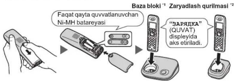 Faqat qayta quvvatlanuvchan Ni-MH batareyasi Baza bloki "1" Zaryadlash qurlmasi "2" "ЗАРЯДКА" (QUVAT) displayida aks etiriladi.