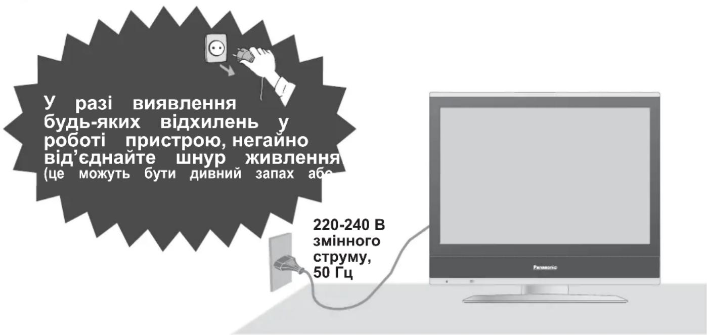 у разі виявлення будь-яких відхилень у роботі пристрою, негайно від'єднайте шнур живлення (це можуть бути дивний запах або 220-240 В змінного струму, 50 Гц