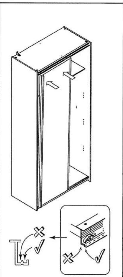 Technical diagram showing a door frame with internal structure and cross-sectional view of a wall section with checkmarks indicating inspection or repair points.