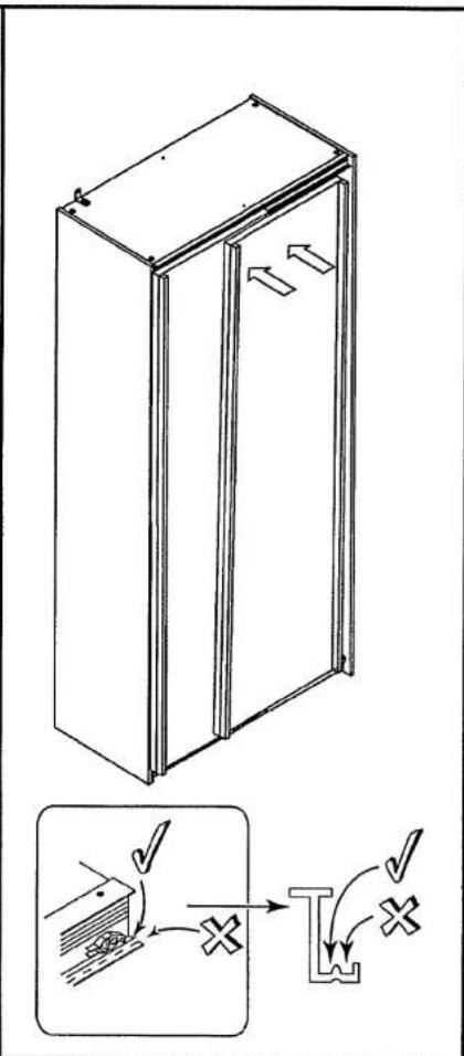 Technical diagram showing a cabinet with directional arrows and a magnified view of internal structure with checkmarks and crosses indicating inspection or validation.