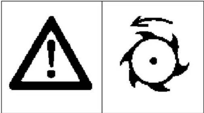 Two warning symbols: a triangular warning triangle with an exclamation mark and a circular diagram with a turbine blade.