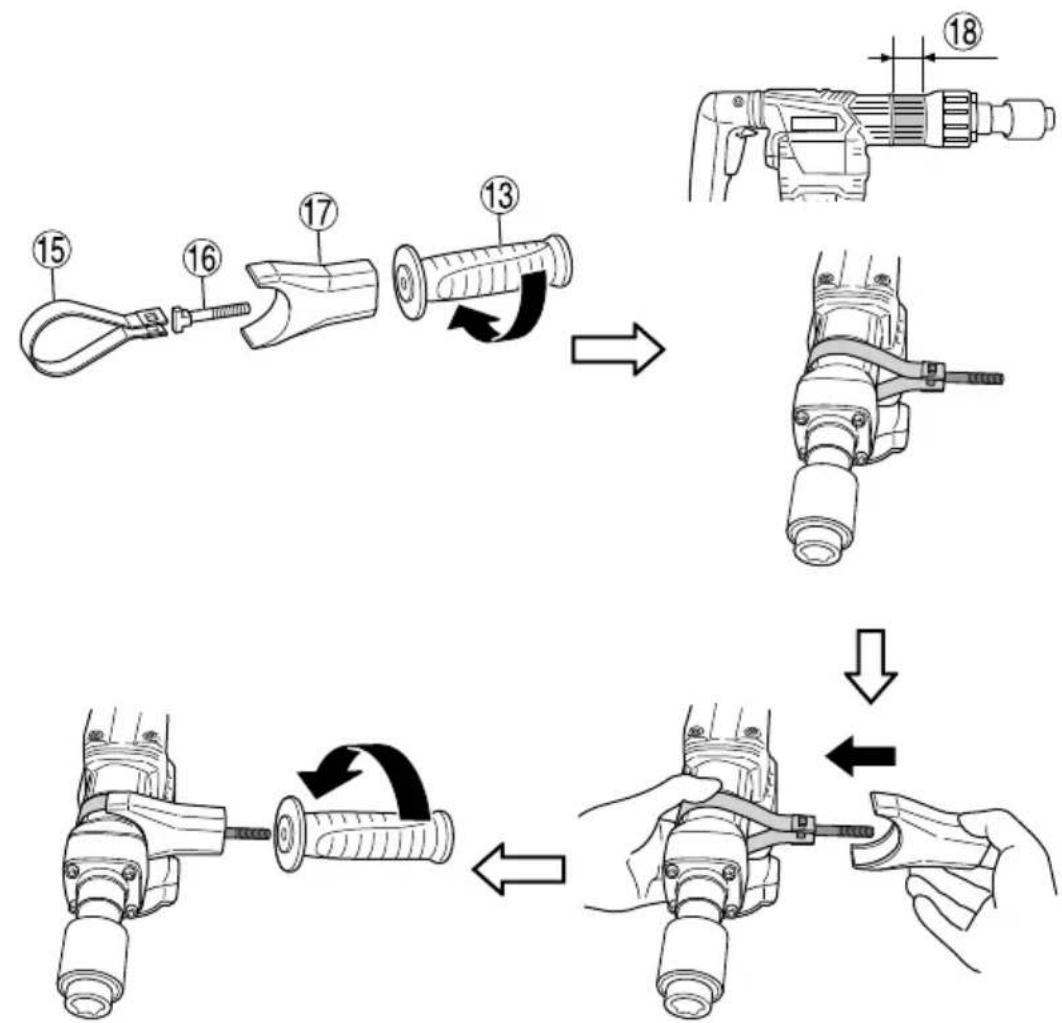 Technical diagram illustrating the step-by-step assembly of a mechanical device with numbered components and directional arrows indicating motion.