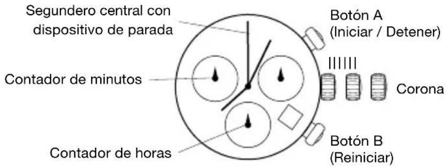Segundero central con dispositivo de parada Contador de minutos Contador de horas Botón A (Iniciar / Detener) Corona Botón B (Reiniciar)