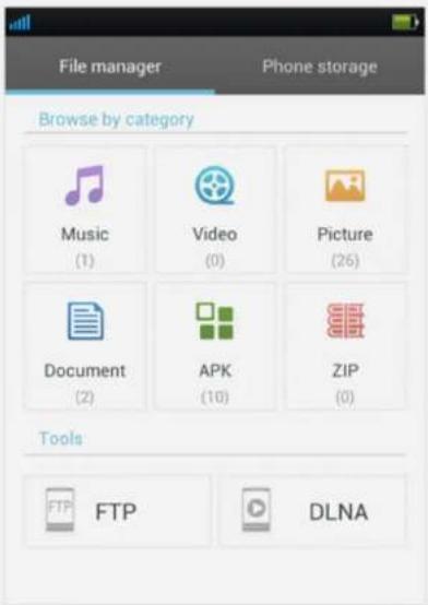 File manager Phone storage Browse by category Music (1) Video (0) Picture (26) Document (2) APK (10) ZIP (0) Tools FTP FTP DLNA