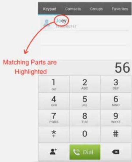 Keypad Contacts Groups Favorites Joey 10005382167 Matching Parts are Highlighted 56 1 2 3 QD ABC DEF 4 5 6 GHI JKL MNO 7 8 9 PQRS TUV WKYZ * + 0 # + Dial