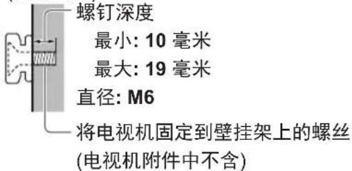 螺钉深度 最小: 10 毫米 最大: 19 毫米 直径: M6 将电视机固定到壁挂架上的螺丝 (电视机附件中不含)