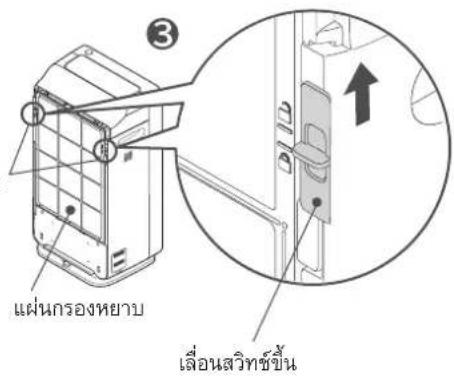 ③ แผ่นกรองหยาบ เลื่อนสวิทย์ขึ้น